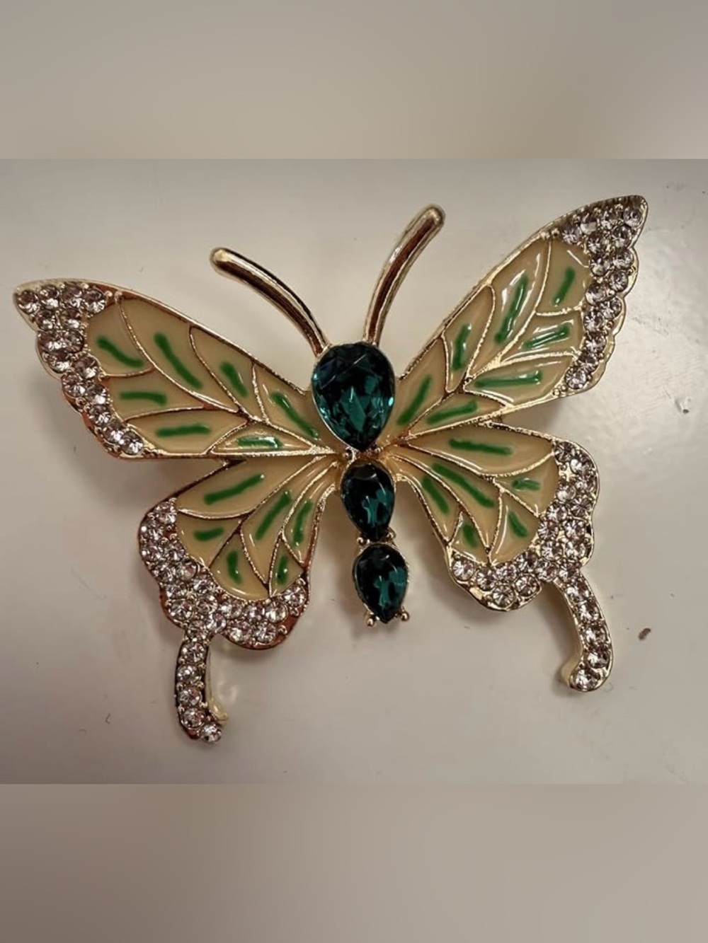 Anthropologie Gold Butterfly Pin with Green Enamel and Teal Crystals